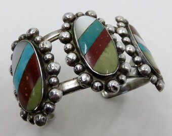 Vintage Sterling Silver Navajo Inlaid Turquoise Coral Mother Of Pearl Multi Stone Bangle Cuff 43 grams