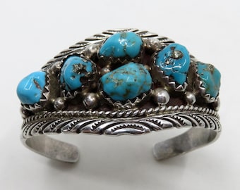 Vintage Sterling Silver Navajo Turquoise Stamped Bangle Cuff 50.5 grams