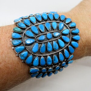 Vintage Sterling Silver Turquoise Petit Point Bangle Cuff signed by the artisan EY 84 grams