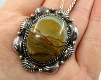 Vintage Rare Sterling Silver Navajo Landscape Picture Jasper Pendant Necklace by Navajo Code Talker Lloyd Oliver Windtalker WW2