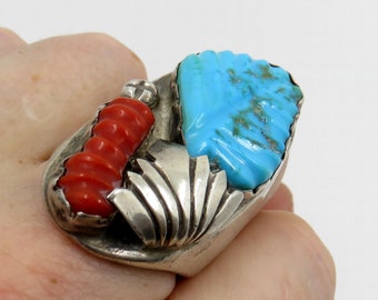 Vintage Huge Sterling Silver Navajo Zuni Carved Leaf Turquoise & Coral Ring size Y (USA 12.5) signed by the artisan Loyalito Tsatte 41.6