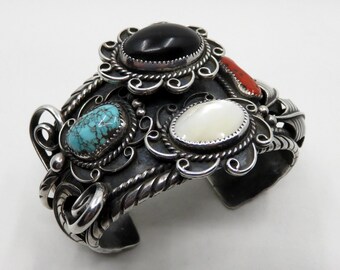 Vintage Huge Sterling Silver Navajo Turquoise Onyx Coral Mother Of Pearl Overlay Bangle Cuff 146 grams