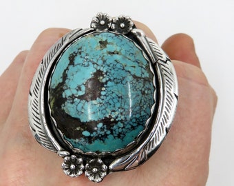 Solid Sterling Silver Huge Navajo Feather Turquoise Flower Ring by You Got The Silver size Y (USA 12)  46 grams