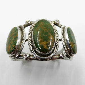 Vintage Sterling Silver Navajo Royston Turquoise Stamped Bracelet Cuff Bangle by artisan Will Denetdale 54 grams
