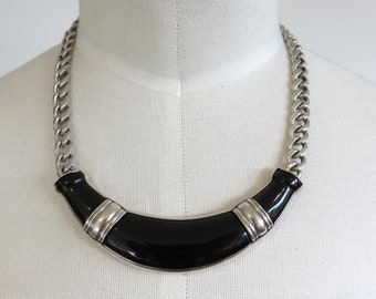 Vintage Heavy Sterling Silver Black Carved Gemstone Onyx Obsidian Mexican Taxco Statement Choker Necklace 14-15" length 98 grams