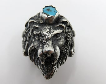 Solid Sterling Silver Relic Antique Textured Turquoise Lion Ring Mexican Roman Biker Signet 33 grams size X (USA 12)