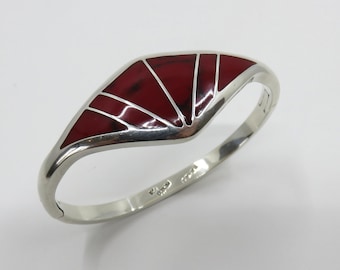 Vintage Taxco Solid Sterling Silver Red Jasper Inlaid Hinged Bangle Cuff 34.7 grams signed by the artisan