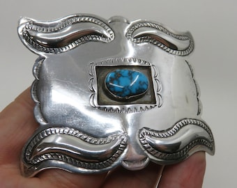 Vintage Huge Sterling Silver Navajo Concho Turquoise Belt Buckle signed by artisan