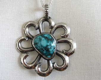 Solid Sterling Silver Large Navajo Turquoise Pendant by You Got The Silver