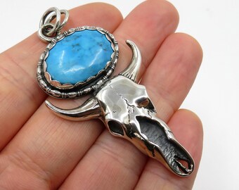 Solid Sterling Silver Navajo Turquoise Steer Ram Skull Pendant 27.5 grams by You Got The Silver