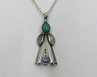 Vintage Solid Sterling Silver Turquoise Navajo Squash Blossom Pendant