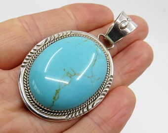 Vintage Large Sterling Silver Turquoise Navajo Pendant by artisan Dine Begay