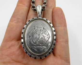 Vintage Victorian Solid Sterling Silver Book Chain Large Engraved Locket Pendant 18" length 32.5 grams