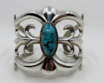 Vintage Huge Sterling Silver Navajo Tufa Cast Turquoise Bangle Cuff 111 grams Old Pawn