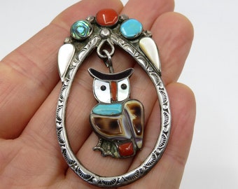 Vintage Sterling Silver Zuni Navajo Owl Turquoise Coral Mother Of Pearl Abalone Pendant Brooch by artisans Velma and Blake Lesansee  grams