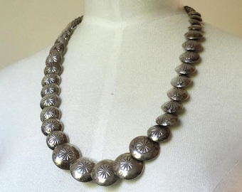 Vintage Sterling Silver Stamped Navajo Bead Necklace Old Pawn Graduated 24" length 52.5 grams