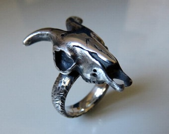 Solid Sterling Silver Ram Steer Skull Ring