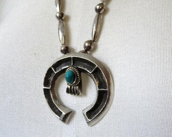 Vintage Sterling Silver Turquoise Navajo Tufa Sand Cast Naja Pendant Necklace 24" Length 59 grams