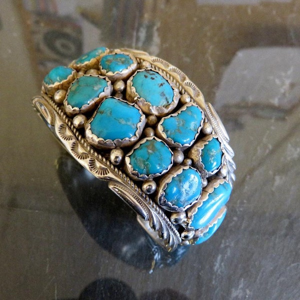 Vintage Sterling Silver Turquoise Cuff Bangle by Navajo artisan Florence Tahe