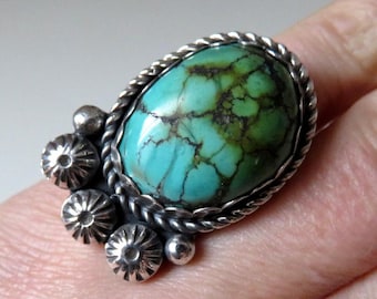 Solid Sterling Silver Oval Turquoise Navajo Style Ring size O (USA 7.5)