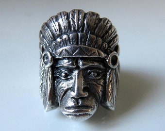 Solid Sterling Silver Native American Indian Chief's Head Ring