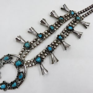 Vintage Sterling Silver Navajo Turquoise Squash Blossom Necklace 26&quot; Length 151 grams signed by the artisan