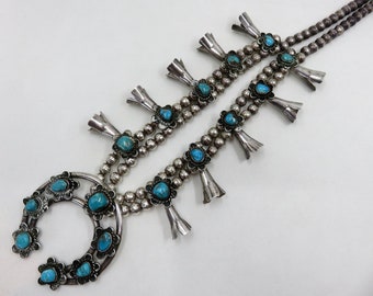 Vintage Sterling Silver Navajo Turquoise Squash Blossom Necklace 26" Length 151 grams signed by the artisan