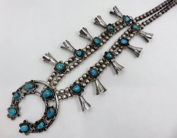 Vintage Sterling Silver Navajo Turquoise Squash Blossom Necklace 26" Length 151 grams signed by the artisan