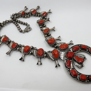 Vintage Rare Huge Sterling Silver Coral Squash Blossom Naja Necklace by Navajo Code Talker Lloyd Oliver Navajo 28&quot; Length 250 grams Old Pawn