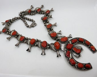 283 Gram Vintage Native American Navajo Coral Sterling Silver Squash Blossom Necklace Old 283 Gram Vintage Native American Navajo Coral Sterling Silver Squash Blossom Necklace Old