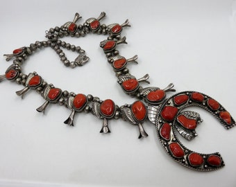 Vintage Rare Huge Sterling Silver Coral Squash Blossom Naja Necklace by Navajo Code Talker Lloyd Oliver Navajo 28" Length 250 grams Old Pawn