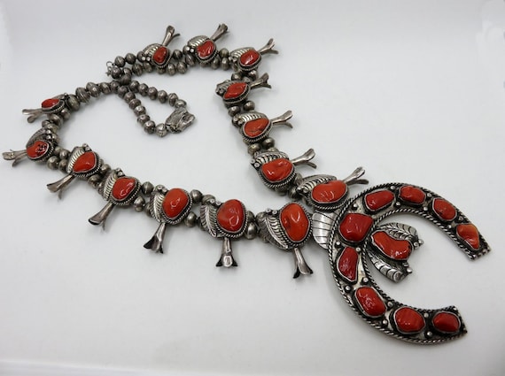 Vintage Rare Huge Sterling Silver Coral Squash Blossom Naja Necklace by Navajo Code Talker Lloyd Oliver Navajo 28" Length 250 grams Old Pawn