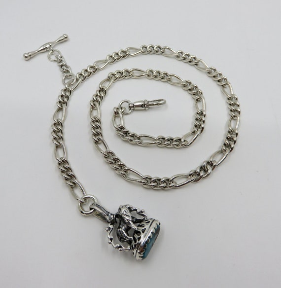 Vintage Solid Sterling Victorian Style Silver Albert Pocket Watch Chain Turquoise Lion Fob Necklace 37.2 grams 18"Length