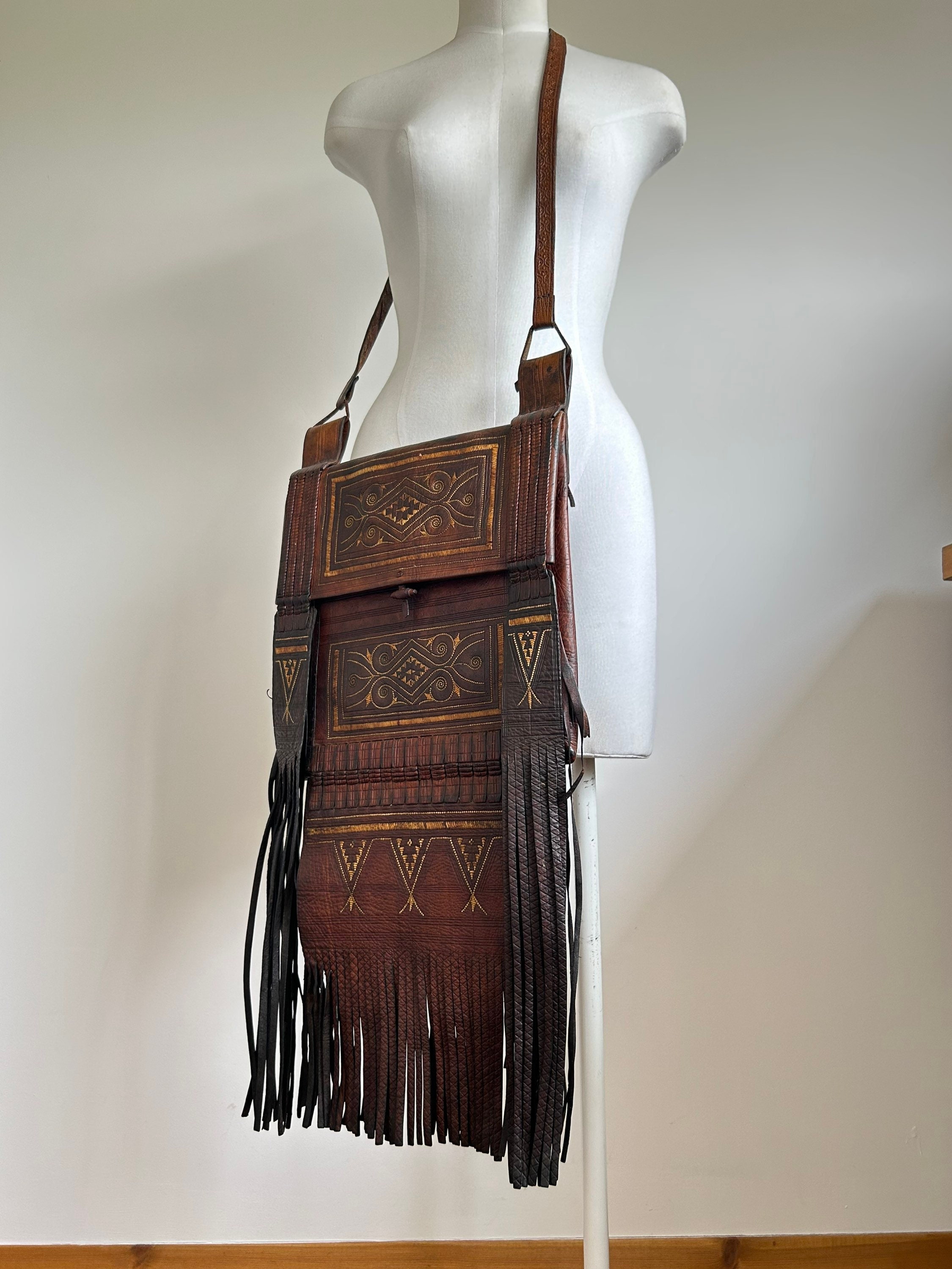 ETHNIC TASSEL PURSE Native American Fringe Leather Bag -  Israel