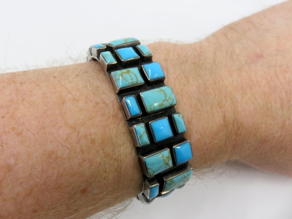 Vintage Taxco Solid Sterling Silver Multi Turquoise Mexican Bangle Cuff 70 grams