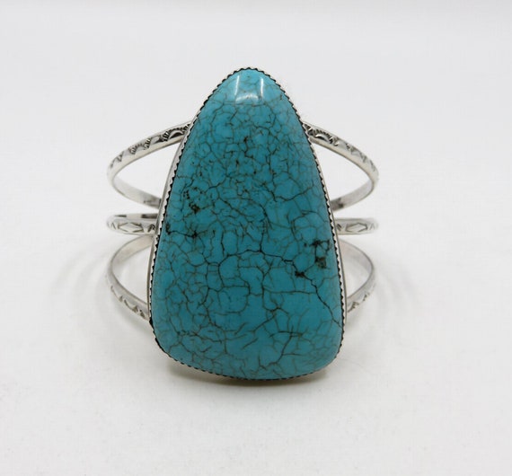 Vintage Sterling Silver Navajo Huge Teardrop Turquoise Bangle Cuff 45.2 grams Old Pawn