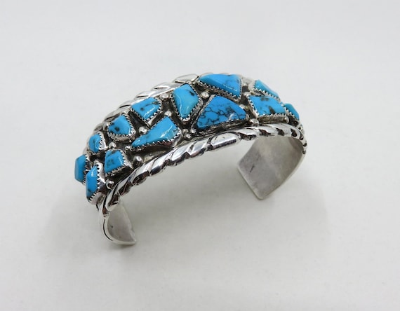 Vintage Sterling Silver Navajo Multi Turquoise Cuff Bangle by artisan Wayne Calavaza 60.8 grams