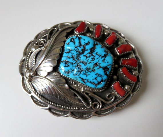 Vintage Sterling Silver Navajo Turquoise & Coral Belt Buckle Overlay Applique signed by the artisan Apachito