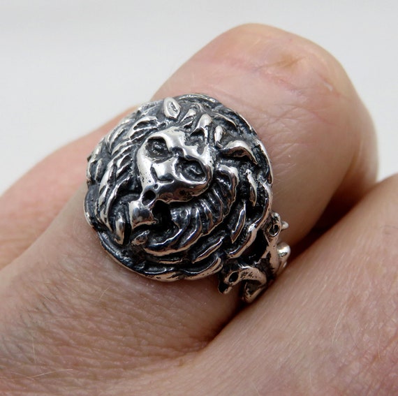 Solid Sterling Silver Roman Lion Signet Ring Bronze Seal Historical Design