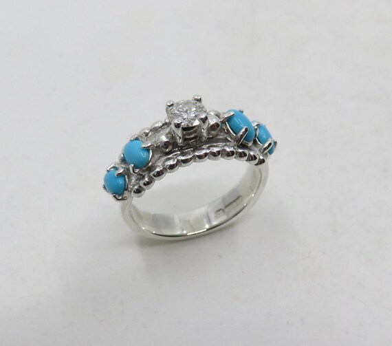 Sterling Silver Diamond & Turquoise Navajo Wedding Engagement Stacker Ring 0.25cts Diamond