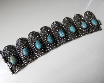 Vintage Silver Turquoise Bracelet Large Egyptian Revival Scarab Filigree