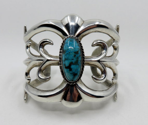 Vintage Huge Sterling Silver Navajo Tufa Cast Turquoise Bangle Cuff 111 grams Old Pawn