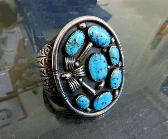 Vintage Sterling Silver Turquoise Bangle Cuff Large Old Pawn Navajo