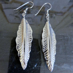 Solid Sterling Silver Leaf Feather Drop Earrings