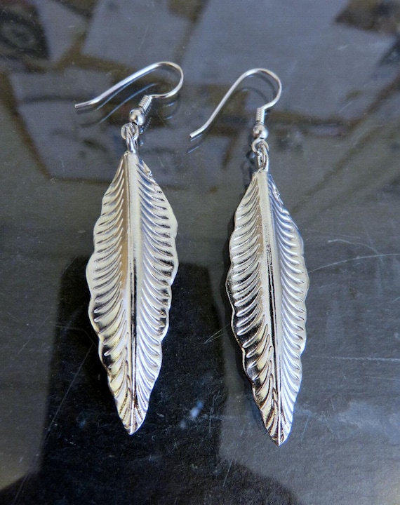Sterling Silver Leaf Feather Drop Earrings