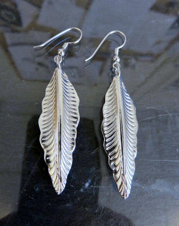 Solid Sterling Silver Leaf Feather Drop Earrings
