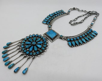 Vintage Sterling Silver Navajo Turquoise Needlepoint Huge Sun Wheel Necklace Old Pawn 21" Length 115.6 grams