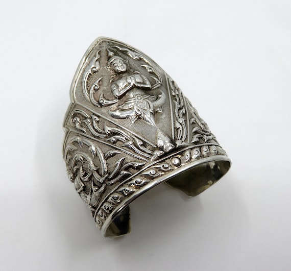 Vintage Sterling Silver Cuff Bangle French Indochina Repoussé Siam Deity 45 grams