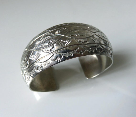 Vintage Navajo Sterling Silver Stamped Cuff Bangle signed by the artisan Keith James 32 grams