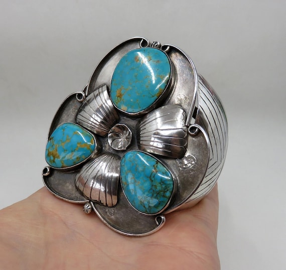 Vintage Huge Sterling Silver Navajo Turquoise Bangle Cuff 115 grams by the artisan H George Old Pawn